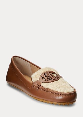 Braune Ralph Lauren Brynn Flache Driver-Schuhe aus Nappaleder für Damen