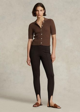 Braune Ralph Lauren Damen-Leggings mit seitlichem Reißverschluss und Steg