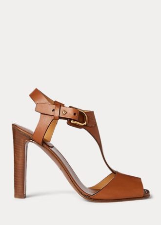 Braune Ralph Lauren Emilie Welington Kalbsledersandalen für Damen