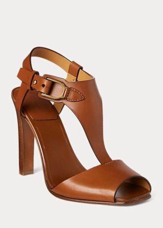 Braune Ralph Lauren Emilie Welington Kalbsledersandalen für Damen