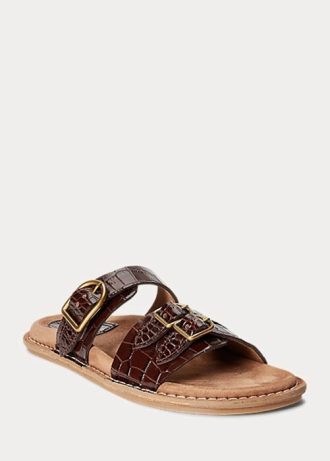 Braune Ralph Lauren Ezra Sandalen aus Leder mit Krokodilprägung für Damen