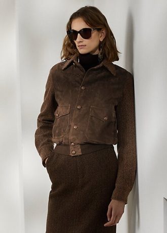 Braune Ralph Lauren Hugh Jacken aus Lammwildleder und Fischgrätenmuster für Damen