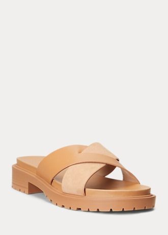 Hellgelbe Ralph Lauren Kelsie Hausschuhe aus Nappaleder und Wildleder für Damen