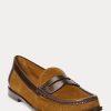 Braune Ralph Lauren Pennyloafer aus Wildleder mit Lederbesatz für Damen Braune Ralph Lauren Pennyloafer aus Wildleder mit Lederbesatz für Damen