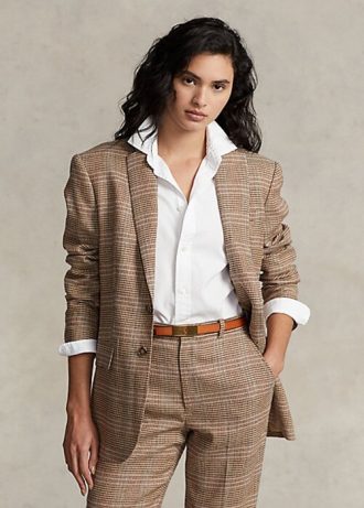 Braune Ralph Lauren Plaid-Jacken aus Wolle-Leinen-Tweed für Damen