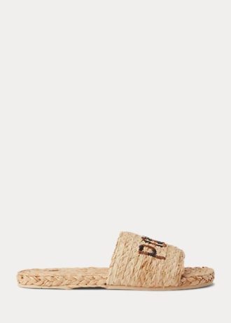 Braune Ralph Lauren Raffia-Slipper mit Logo für Damen