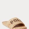 Braune Ralph Lauren Raffia-Slipper mit Logo für Damen