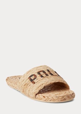Braune Ralph Lauren Raffia-Slipper mit Logo für Damen