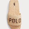 Braune Ralph Lauren Raffia-Slipper mit Logo für Damen