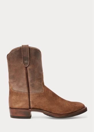Braune Ralph Lauren Roughout Wildleder- und Lederstiefel für Herren