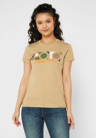 Braune Ralph Lauren Rundhals-Grafik-T-Shirts für Damen