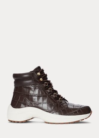 Braune Ralph Lauren Rylee High-Top-Sneakers aus geprägtem Leder für Damen