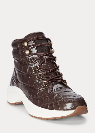 Braune Ralph Lauren Rylee High-Top-Sneakers aus geprägtem Leder für Damen