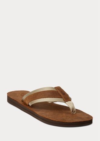 Braune Ralph Lauren Wildleder-Flip-Flops mit Ripsbandbesatz für Herren