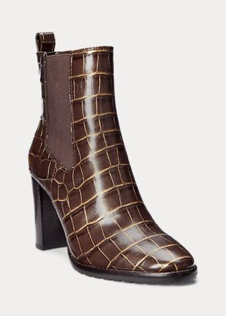 Braune Ralph Lauren Ylah-Stiefel aus geprägtem Leder für Damen