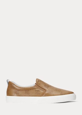 Braune Slip-On-Sneakers aus Leder mit Ralph Lauren Haddley-Logo für Damen