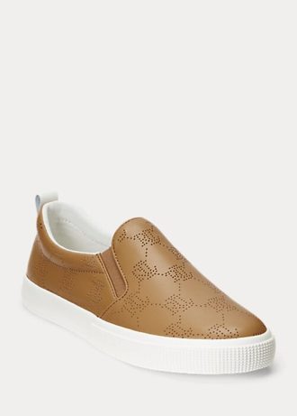 Braune Slip-On-Sneakers aus Leder mit Ralph Lauren Haddley-Logo für Damen