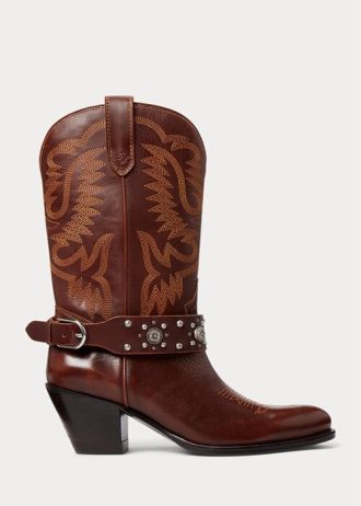 Braune Westernstiefel aus Kalbsleder mit Nieten von Ralph Lauren für Damen