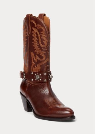 Braune Westernstiefel aus Kalbsleder mit Nieten von Ralph Lauren für Damen