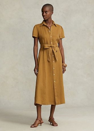 Braunes Ralph Lauren Leinen-Kurzkleid mit Gürtel für Damen