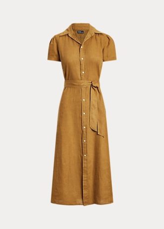 Braunes Ralph Lauren Leinen-Kurzkleid mit Gürtel für Damen