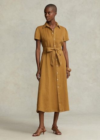 Braunes Ralph Lauren Leinenkleid mit Gürtel und kurzen Ärmeln für Damen