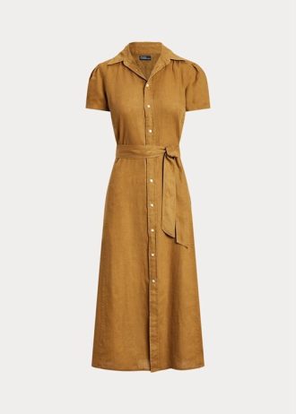 Braunes Ralph Lauren Leinenkleid mit Gürtel und kurzen Ärmeln für Damen