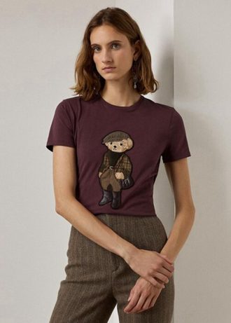 Burgunderrote Ralph Lauren Tweed Bear Baumwoll-T-Shirts für Damen Burgunderrote Ralph Lauren Tweed Bear Baumwoll-T-Shirts für Damen