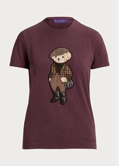 Burgunderrote Ralph Lauren Tweed Bear Baumwoll-T-Shirts für Damen Burgunderrote Ralph Lauren Tweed Bear Baumwoll-T-Shirts für Damen