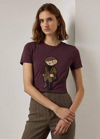 Burgunderrote T-Shirts aus Baumwolle mit Polo Bear-Print für Damen von Ralph Lauren Burgunderrote T-Shirts aus Baumwolle mit Polo Bear-Print für Damen von Ralph Lauren