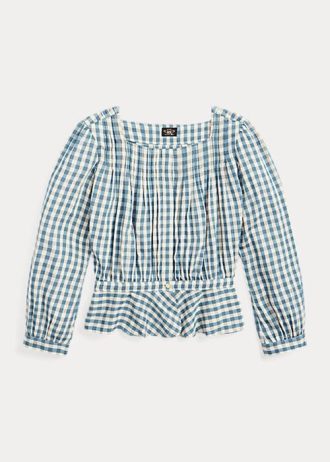Creme / Blau Damen Ralph Lauren Gingham Voile Peplum Bluse Shirts