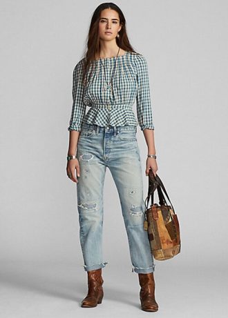 Creme / Blau Damen Ralph Lauren Gingham Voile Peplum Bluse Shirts