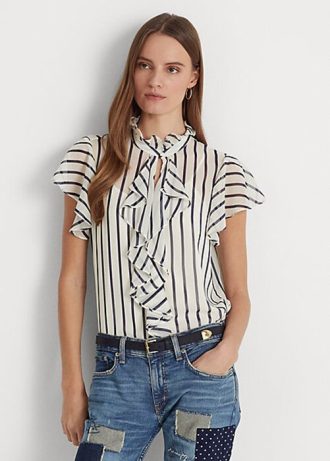 Creme / Marineblau Damen Ralph Lauren gestreifte Chiffonblusen mit Rüschenbesatz