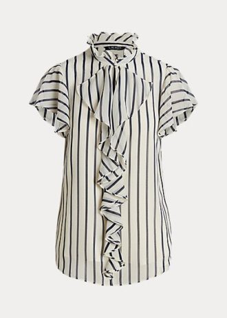 Creme / Marineblau Damen Ralph Lauren gestreifte Chiffonblusen mit Rüschenbesatz