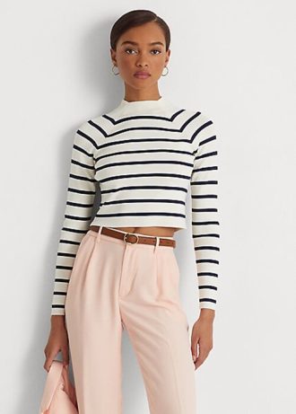 Creme / Marineblau gestreifte, kurze Pullover mit Stehkragen von Ralph Lauren für Damen