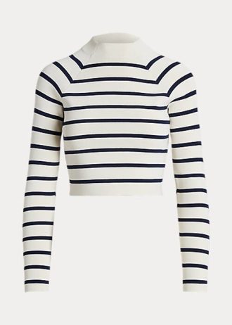 Creme / Marineblau gestreifte, kurze Pullover mit Stehkragen von Ralph Lauren für Damen