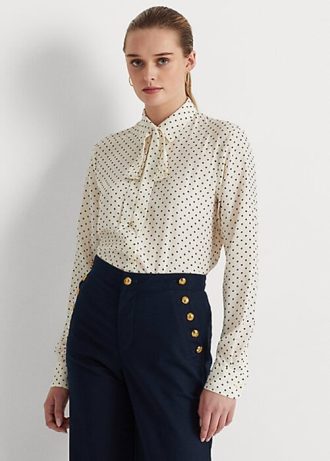 Creme / Marineblaue Ralph Lauren Crêpe-Hemden mit Polka-Dot-Krawatte für Damen