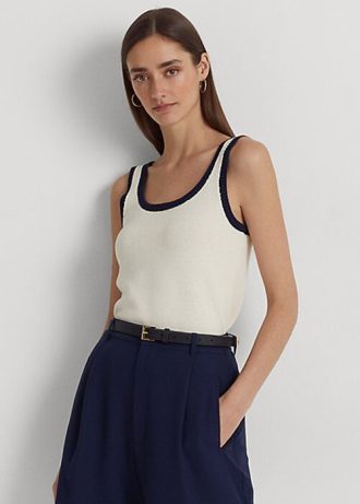 Creme / Marineblaue, zweifarbige, ärmellose Pullover aus Baumwollmischung für Damen von Ralph Lauren