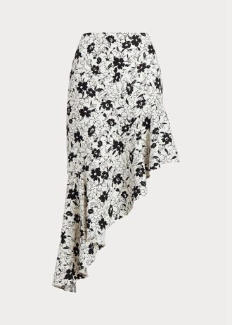 Creme / Schwarz Damen Ralph Lauren Floral Rüschen Asymmetrische Leinenröcke