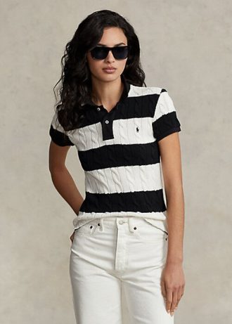 Creme / Schwarz Ralph Lauren Slim Fit Zopfmuster-Poloshirts für Damen