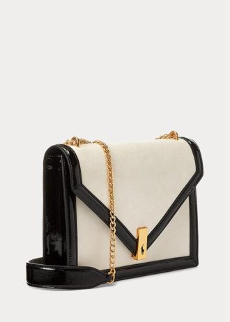 Creme/Schwarze Umhängetaschen aus Wildleder von Ralph Lauren für Damen mit Polo-ID-Umschlag