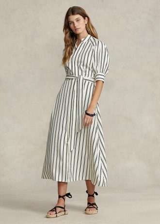 Creme/Schwarzes Ralph Lauren Kleid aus gestreifter Maulbeerseide für Damen
