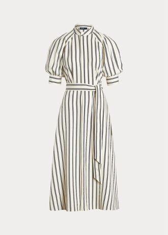 Creme/Schwarzes Ralph Lauren Kleid aus gestreifter Maulbeerseide für Damen