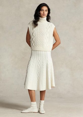 Cremefarbene A-Linien-Röcke aus Wolle und Kaschmir mit mehreren Zopfmustern für Damen von Ralph Lauren
