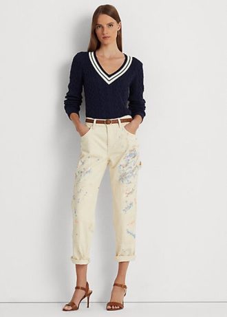 Cremefarbene Carpenter-Jeans aus Denim mit Farbspritzern für Damen von Ralph Lauren
