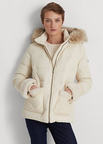 Cremefarbene Daunenmäntel mit Kunstpelzbesatz für Damen von Ralph Lauren