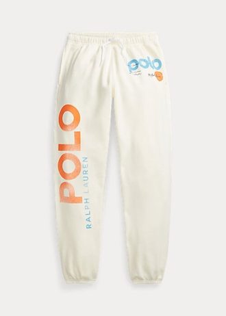 Cremefarbene Fleece-Jogginghose mit Ralph Lauren-Logo und Wellengrafik für Damen