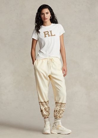 Cremefarbene Fleece-Jogginghose mit Schneeflockenmotiv von Ralph Lauren für Damen