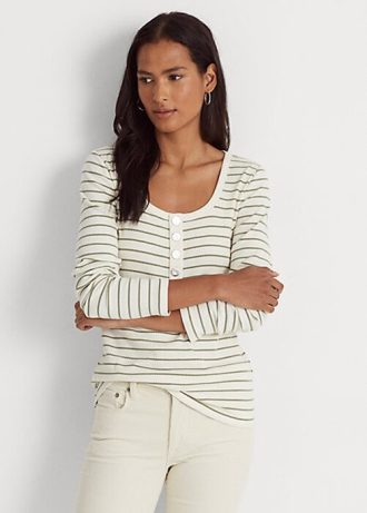 Cremefarbene Henley-Oberteile aus gestreifter Baumwollmischung von Ralph Lauren für Damen