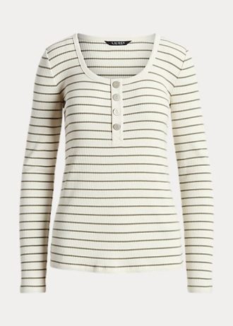 Cremefarbene Henley-Oberteile aus gestreifter Baumwollmischung von Ralph Lauren für Damen